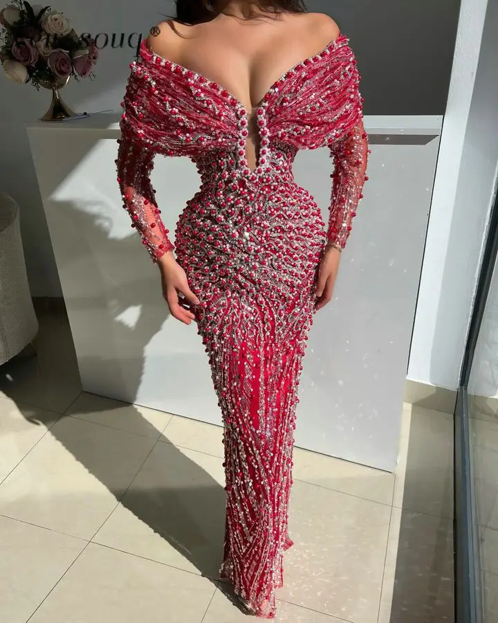 Customized Red Heavy Pearls Beaded Off Shoulder Long Sleeves Evening Dresses Mermaid Sparkle Formal Wedding Dinner Party Gowns