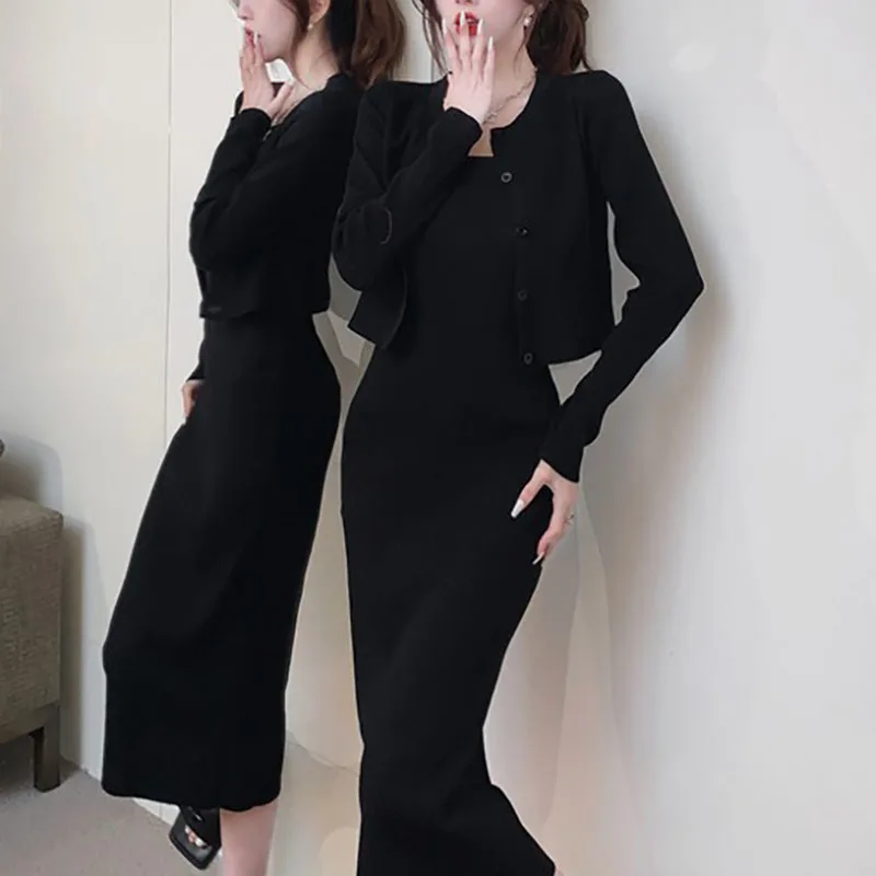 

Elegant Women Dress Sets 2022 New Autumn Fashion Knitted Cardigans + Slim Spaghetti Strap Dress Lady Two Piece Suits