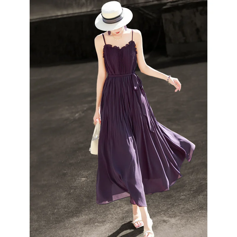 

MEXCOCO 2026 Summer New Romantic Vacation Style Chiffon Swing Sundress Slimming Spaghetti Strap Dress
