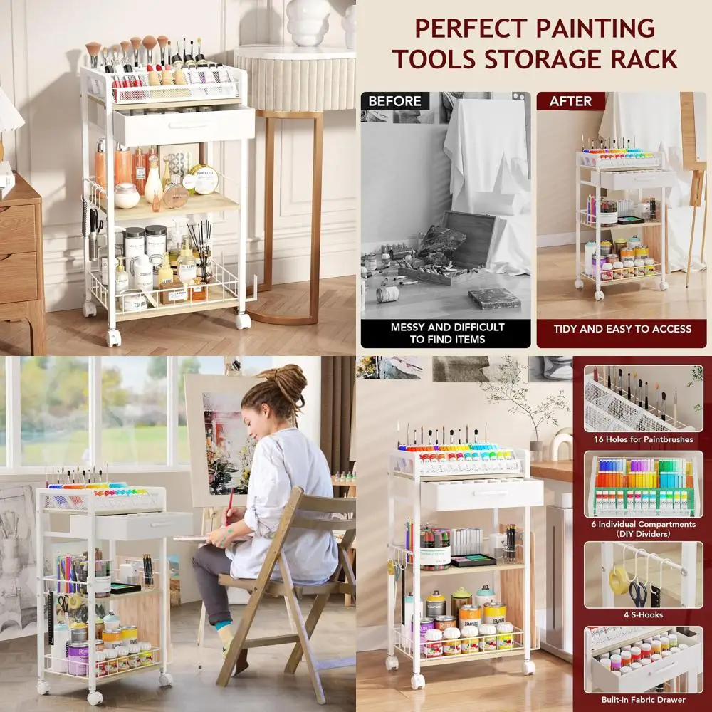 

3-Tier Metal Cart with Drawer - Mobile Art Supply Organizer for Home, Office, or Studio, White