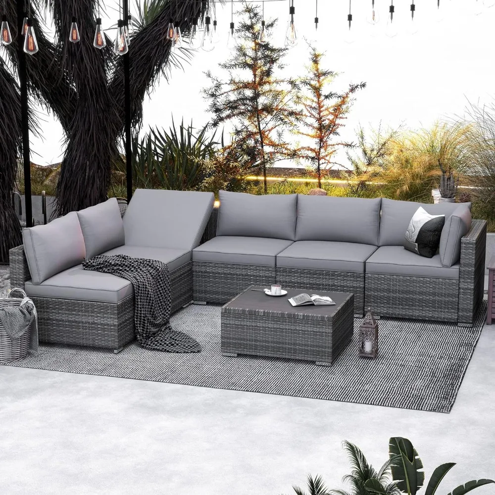 

Outdoor Sectional Sofa Set,All Weather Rattan Wicker Sofa with Coffee Table Adjustable Bracket for Porch Grey Garden Sofas