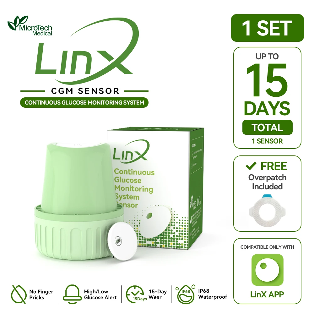 Sistema de Monitoramento Contínuo de Glicose MicroTech LinX CGM, Teste de Açúcar no Sangue em Tempo Real 24h, Kit para Diabetes Sem Picadas no Dedo