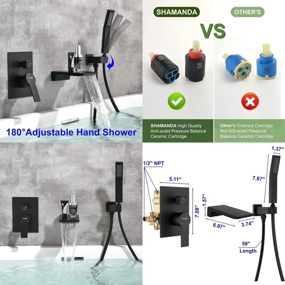 

Настенный смеситель для ванны с ручным душем, однорычажный душевой комплект для ванны в матовом черном цвете, L901-7