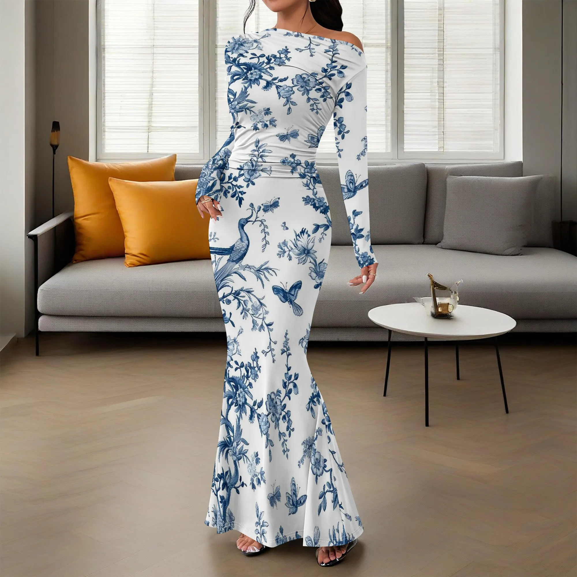 

Women's Porcelain Print Off Shoulder Maxi Dress Long Sleeve Bodycon Mermaid Fit Elegant Gown for Eid Party Wedding 2025