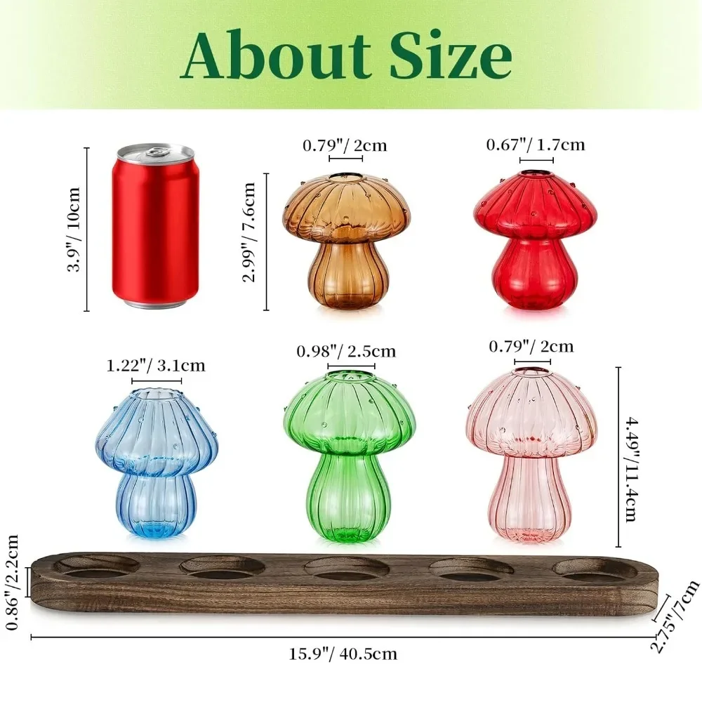 Mushroom‑Shaped Colorful Glass Hydroponic Vase with Wooden Base Decoration Home Hydroponics for Plant Lovers Home Office Decor
