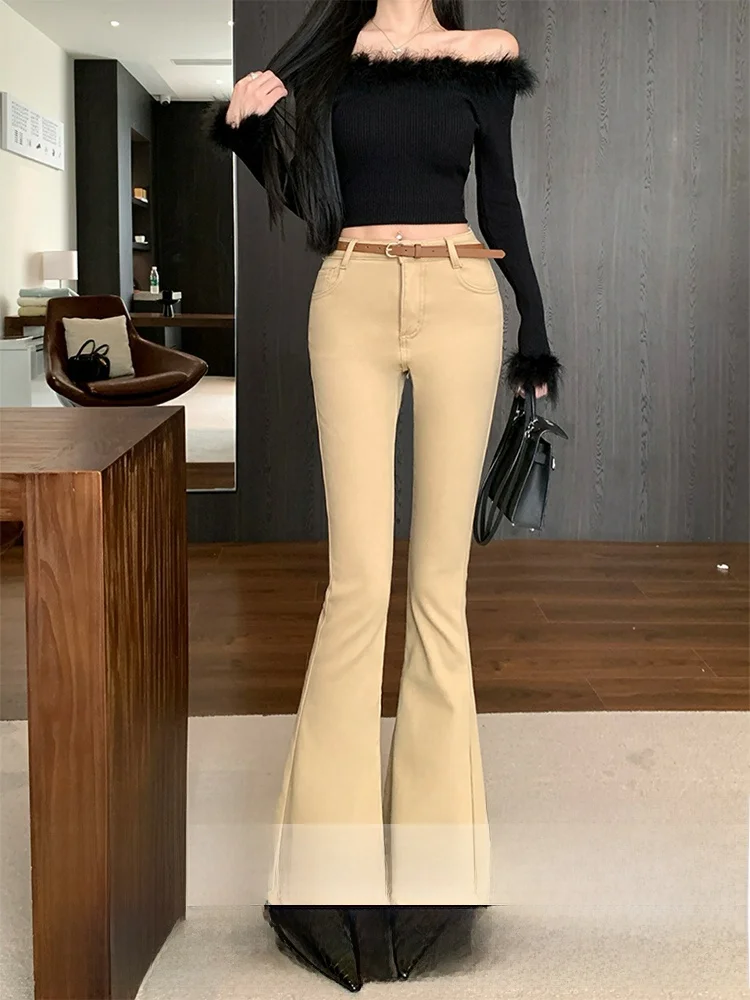 Retro americano tamanho pequeno cor cáqui emagrecimento drapey denim calças femininas outono inverno nova cintura alta perna larga calças compridas