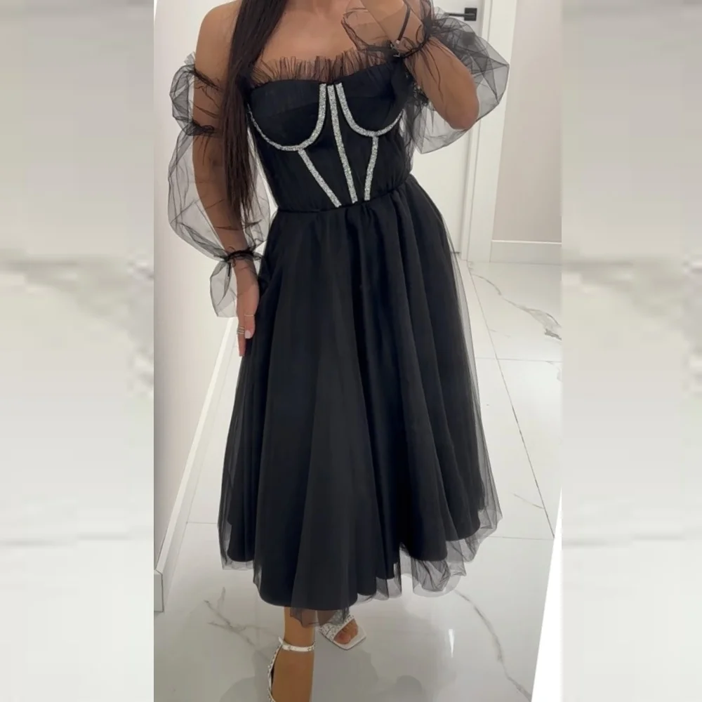 Abend sexy lässig Tüll Pailletten geraffte Promi A-Linie schulter frei maßge schneiderte Anlass Kleid Midi Kleider