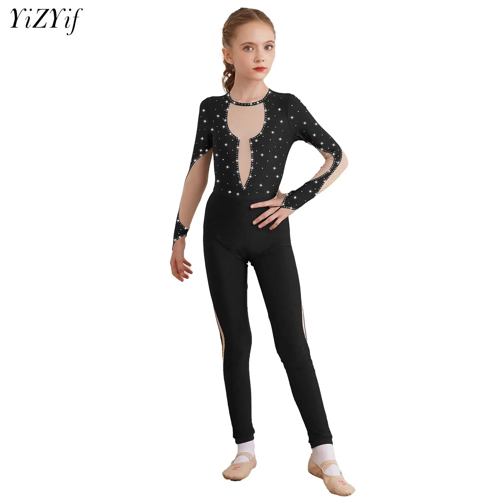 Kids Girls Ballet Dance Jumpsuit Shiny Gymnastics Unitard Bodysuit Long Sleeve Back Keyhole Mesh Figure Skating Dance Costume