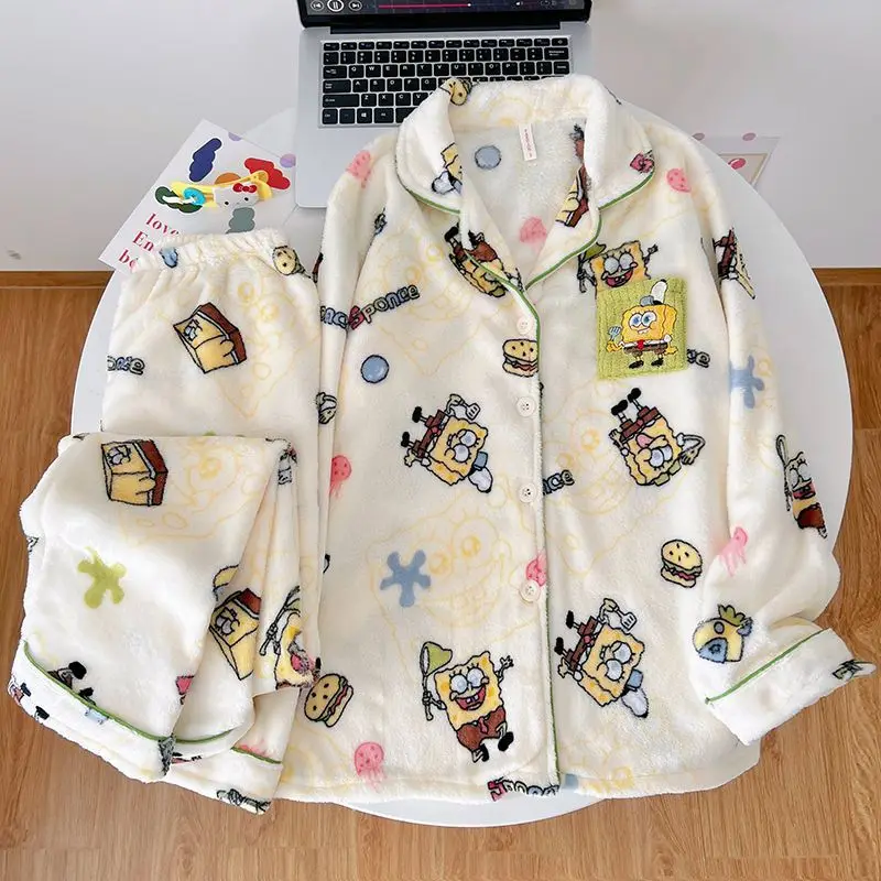 2026 Cartoon SpongeBob Pajamas Coral Velvet Sleepwear for Men and Women Warm Sweet Home Clothes Long Sleeve Set Girl's Gift Toys