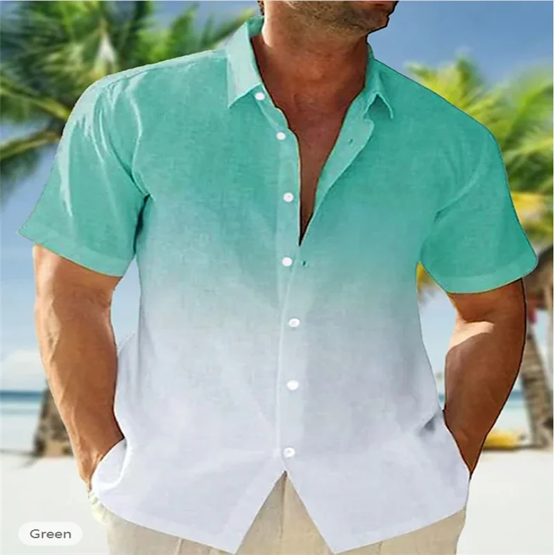 Camisa de botão casual masculina, camisa de praia, lapela gradiente, manga curta, roupa diária, roupa de verão