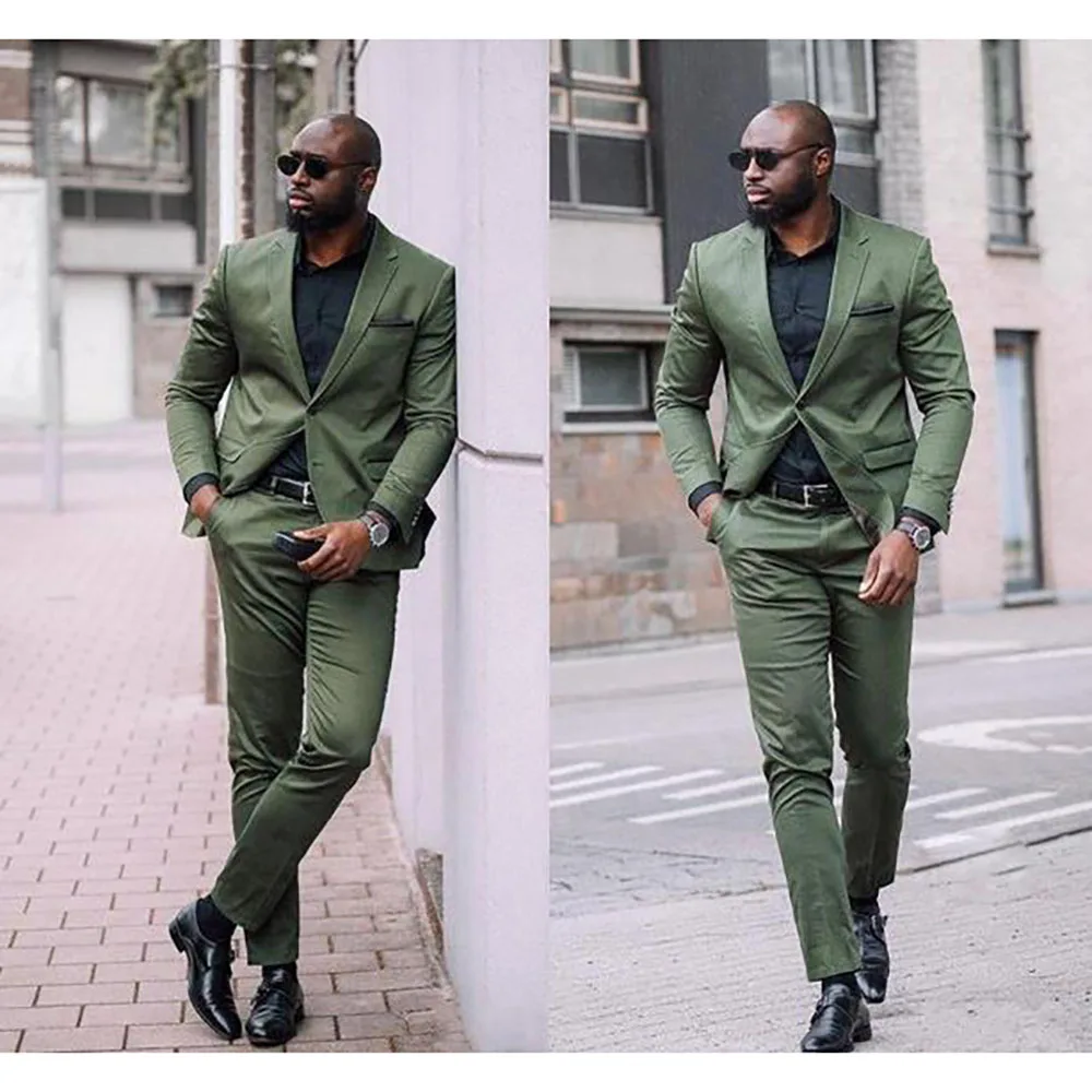 Army Green Men Suits Slim Fit Two Pieces Beach Groomsmen Wedding Tuxedo Causal Formal Prom Solid Male Suit (Jacket+Pants)