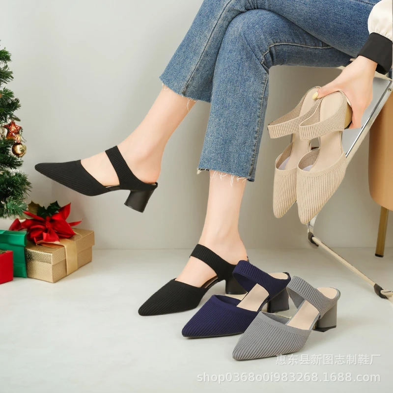 

Pointed Toe Shallow Mouth Fabric Love Thick Heel Casual Large Size Striped Solid Color Knitted Breathable Low Heel Medium Heel