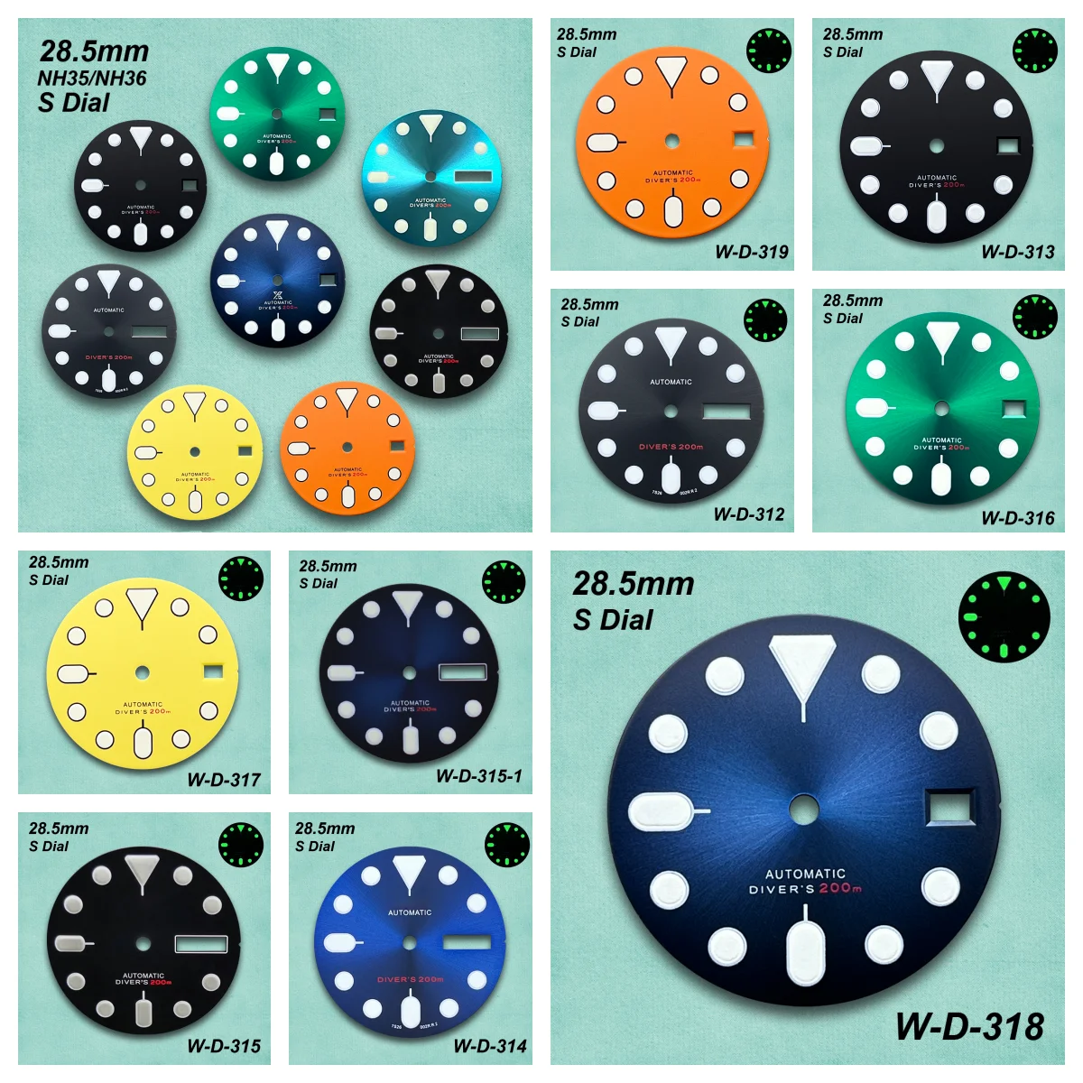 

28.5mm S Logo SKX007 Dial Fit NH35/NH36/4R36 Movement Green Luminous Matte/Sunray Dial Watch Modification Accessories