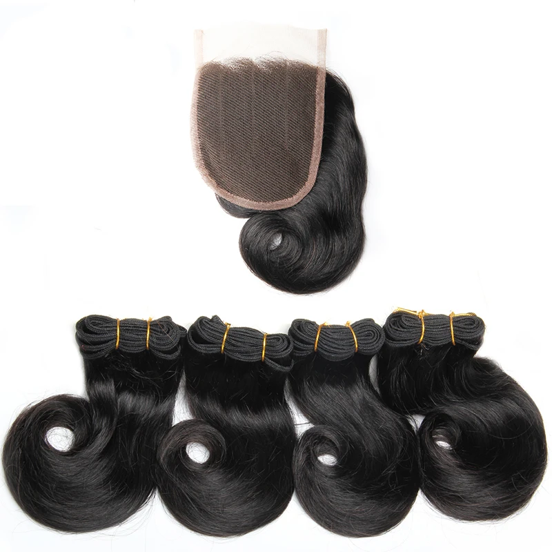 Bouncy Curly Human Hair Bundles with Closure Short Bob Human Hair Weave Extensions 4 Bundles With Closure