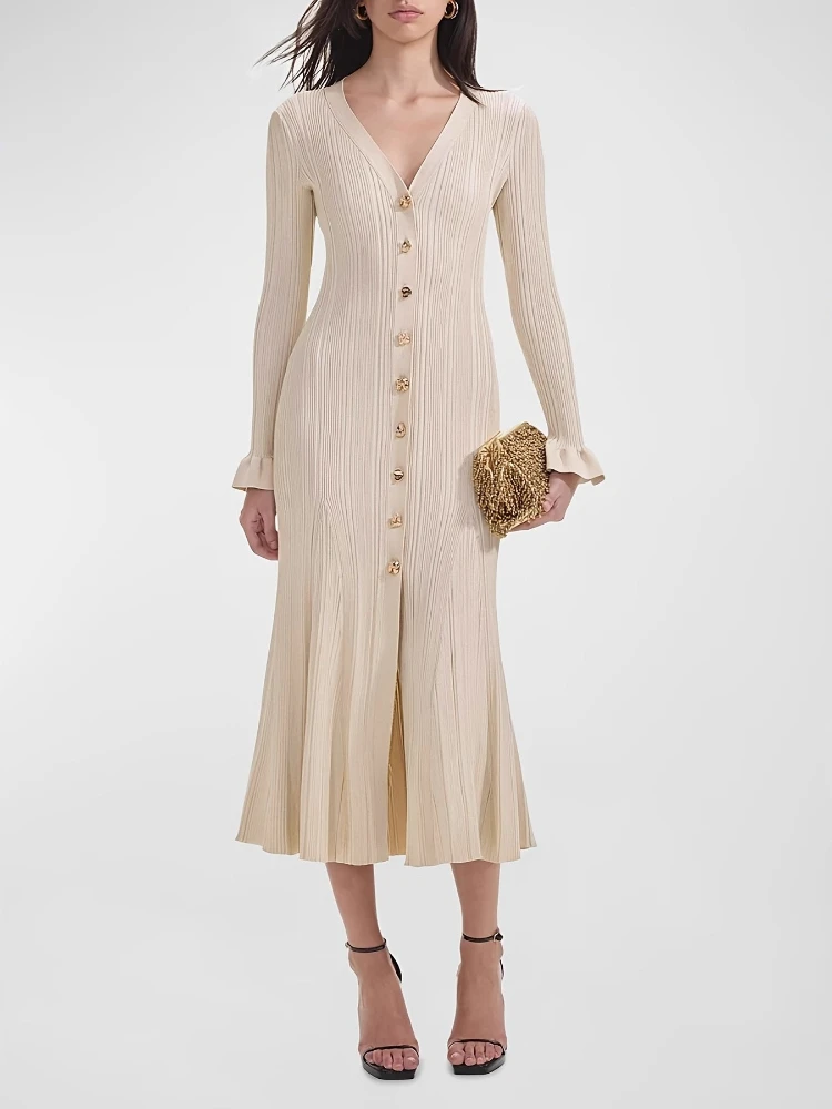 Autumn and Winter New French Socialite Light Luxury Flash Line V-neck Long Sleeved Slim Fit Waist Knit Sweater Dress