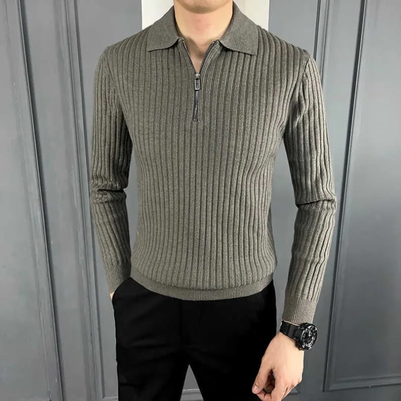 Men's Autumn Winter Fashion Casual Solid Color Pullover POLO Neck Half Zip Versatile Long Sleeve Slim Fit Sweater Knitted Tops