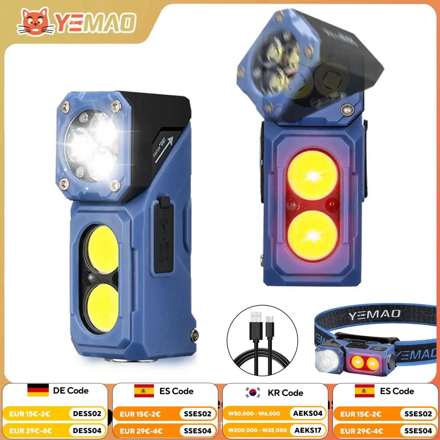 

YEMAO T615 500LM Rechargeable Multi-Function LED Flashlight with Hat Clip, Bike Light & Floodlight for Camping, Work & Outdoor