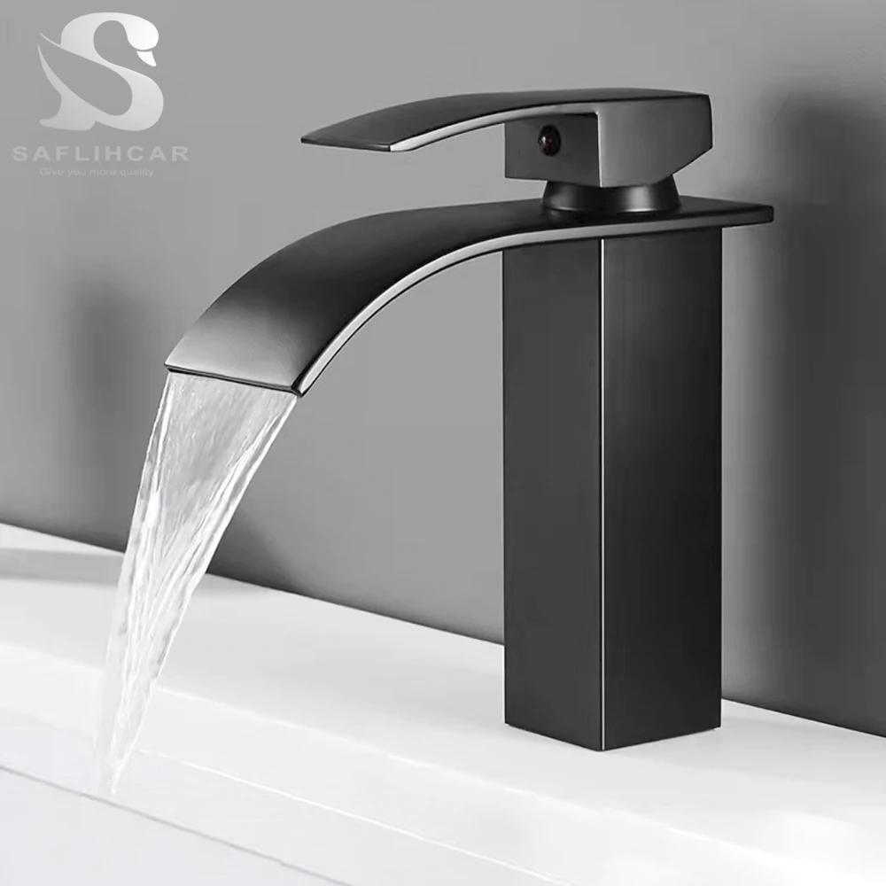 Bathroom Black Waterfall Basin Sink Faucet Brass Cold Hot Water Mixer Vanity Tap Deck Mounted Washbasin Tap