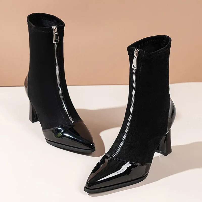 Fall/Winter New Stretch Tight Boots Pointed Toe Versatile Zipper Non-Slip Kitten Heel Booties