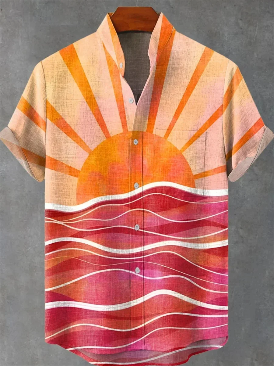 2025 New Ethnic Sunset 3D Printing Casual Fashion Linen Men's Stand Collar Short Sleeve Shirt Hawaiian Style Street Trend