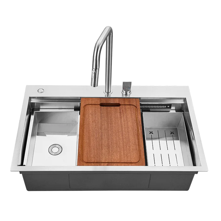 Fregadero de cocina moderno de acero inoxidable 304, venta al por mayor de China, encimera, cascada inferior, 201 SUS, grifo de cocina