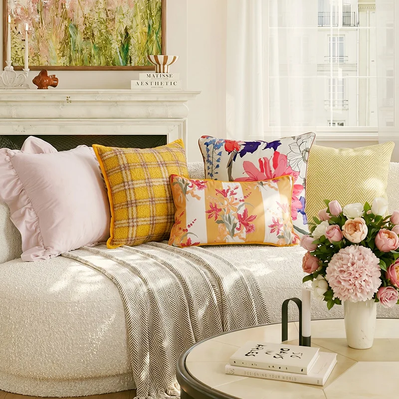 French Yellow Flora Printed Pillow Cover Spring Atmosphere Embroidered Ruffled Soft Plush Cushion Cover for Home Sofa Decor