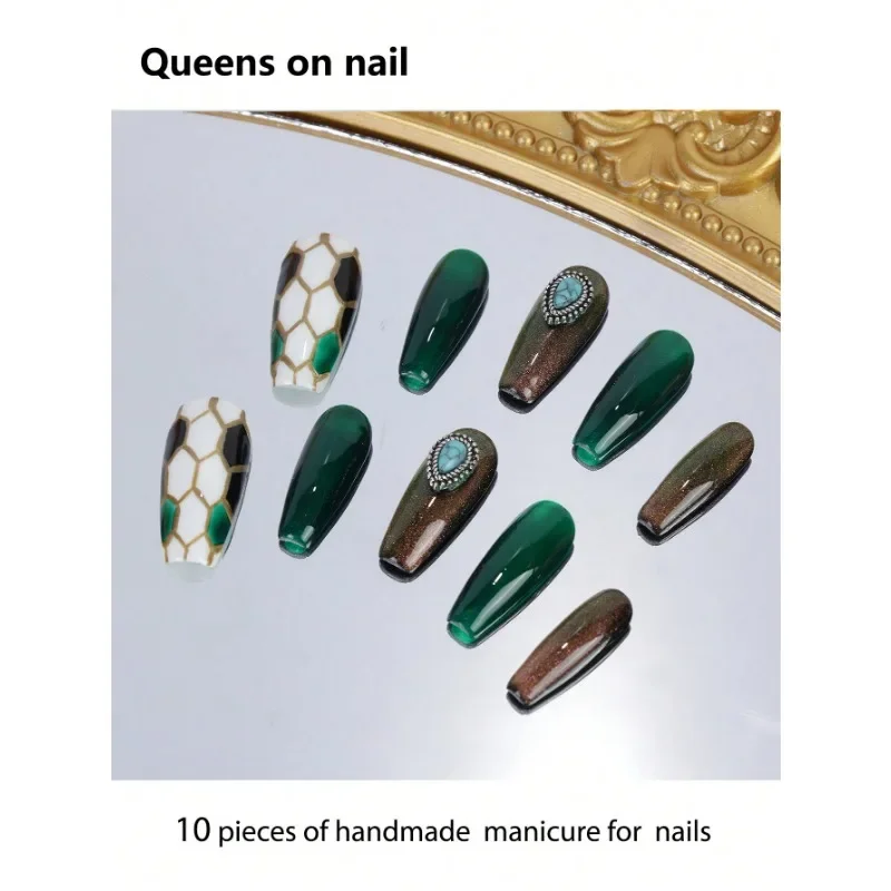 

10 Pieces Handmade press on Nails Ballerina Style Fake Nails/Gradient Cat Eye/Y2k/Football/Hand Painted Stripes/Metal