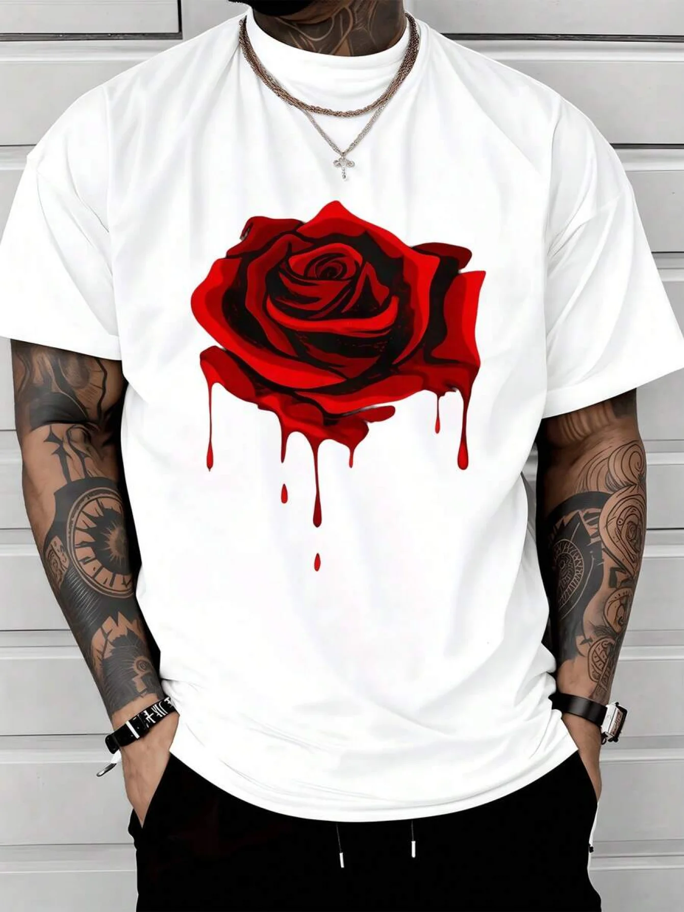 Dripping Red Roses Symbolize Passion and Power T-Shirt Summer Men's Tracksuit Casual Breathable Sportswear Fashion Streetwear