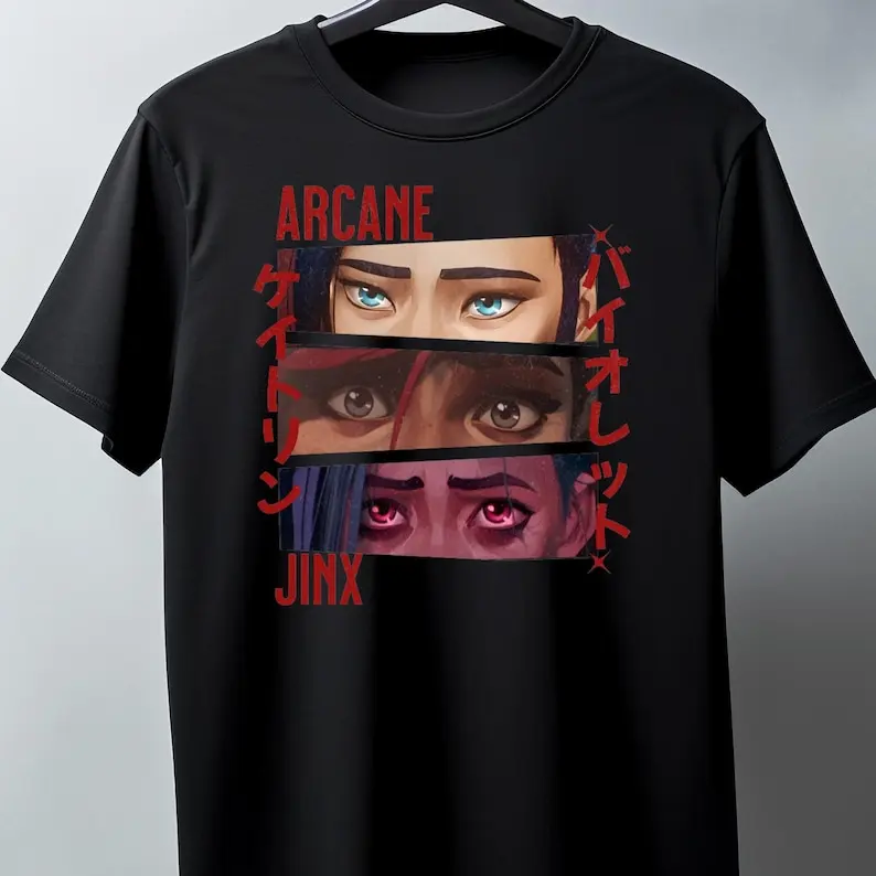 تي شيرت Arcane Jinx و Vi & Caitlyn للجنسين برسومات عتيقة
