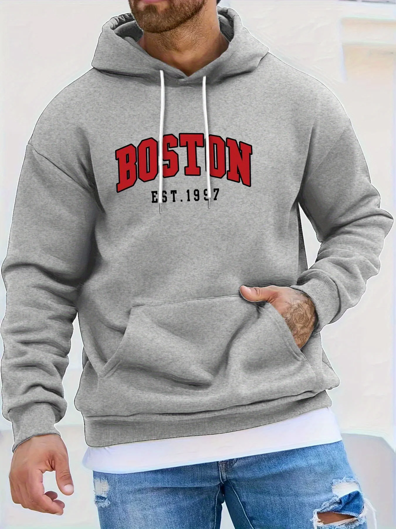 Boston de moda informal cálido y suelto de otoño e invierno para hombre. Sudadera con capucha de manga larga con estampado de letras rojas 1997
