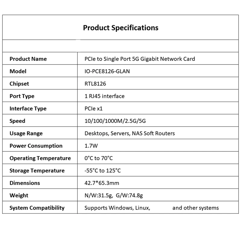 5G PCI-E To RJ45 Network Card RTL8126 Chip Gigabit Ethernet PCI Express Network Card 5000Mbps 1Gbps/5Gbps