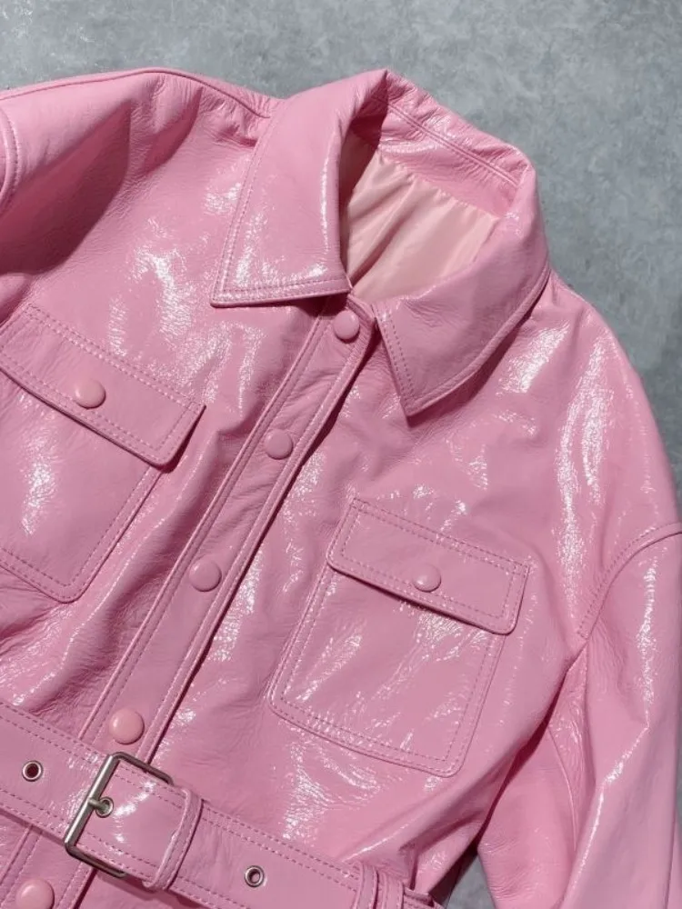 패션 여성 느슨한 양피 새시 싱글 브레스트 긴 소매 옷깃 솔리드 컬러 최고 품질 정품 가죽 짧은 재킷