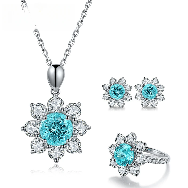 Hot Sale Simple Flower Design Lab Created Paraiba YAG Blue Color Oval Cut Necklace Ring Earring Silver Jewelry Set For Party