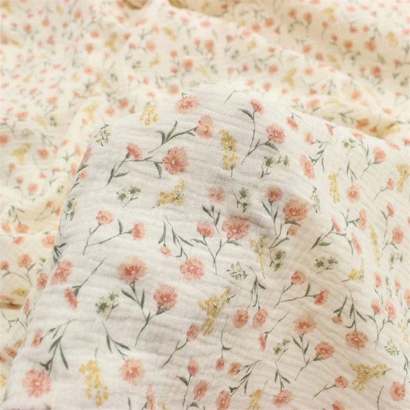 Flower Printed Cotton Crepe Fabric Soft Seersucker Double Gauze Fabric,DIY Sewing Baby Cloth Bedding Sheet Handicrafts 100x135cm