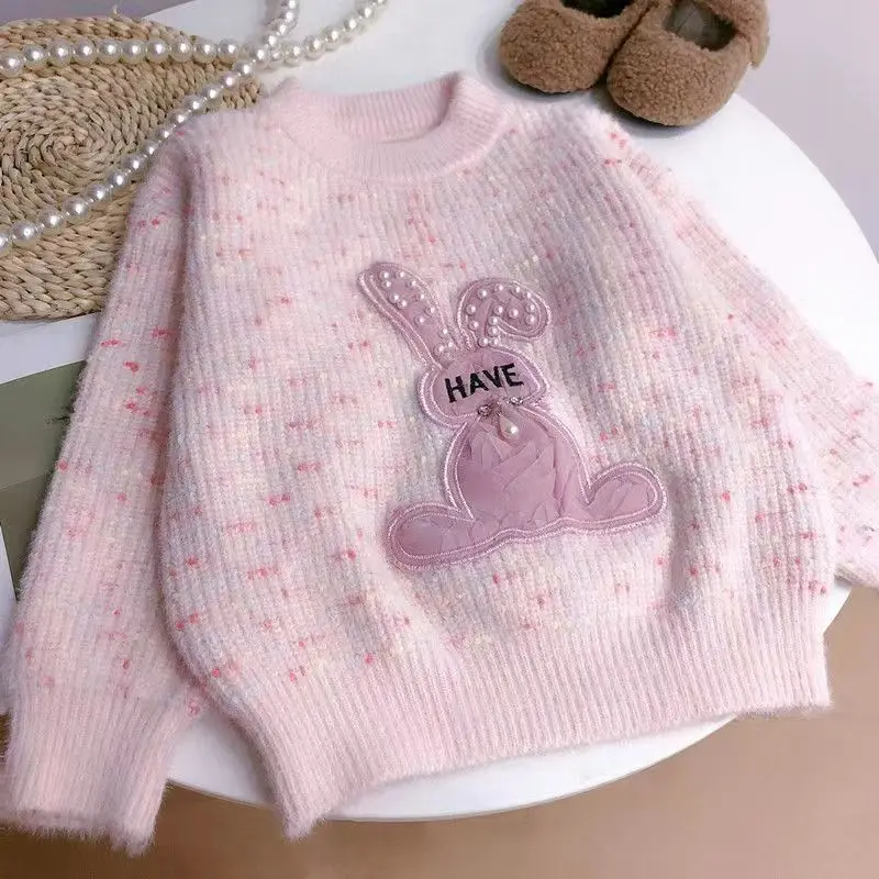 2024 Girl s Latest Pink Rabbit Children\'s Fashionable And Cute Sweater Cartoon Bead Rabbit Girl Sweater Girl Knitwear