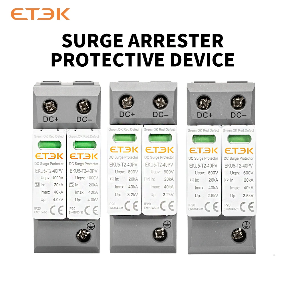 ETEK SPD DC Indoor Surge Protection Device Type PV In 8/20us:20KA I.max:40KA 2P 600V 1000V 1500VDC.