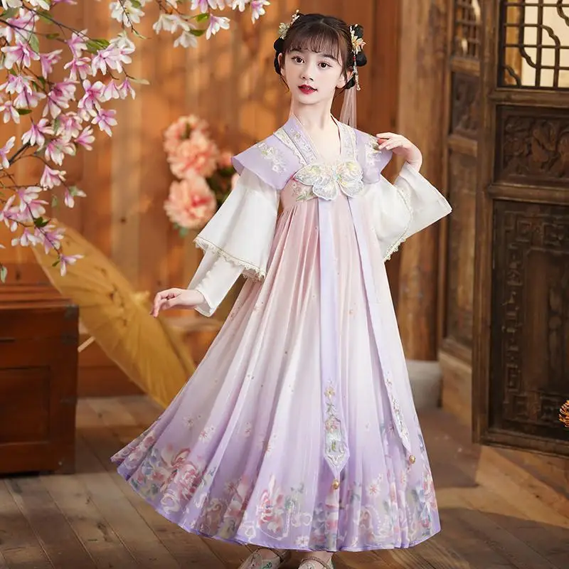 Elegant Purple Hanfu Traditional Chinese Tang Dynasty Style with Butterfly Floor-Length Tulle Long Sleeve for Girls Dress