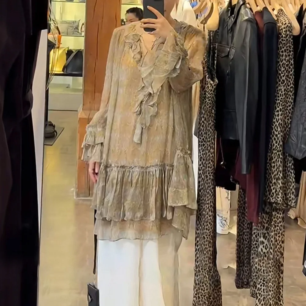 Nouveau 2025 Polyester imprimé fleuri robe col en V manches amples courte femmes femmes robe