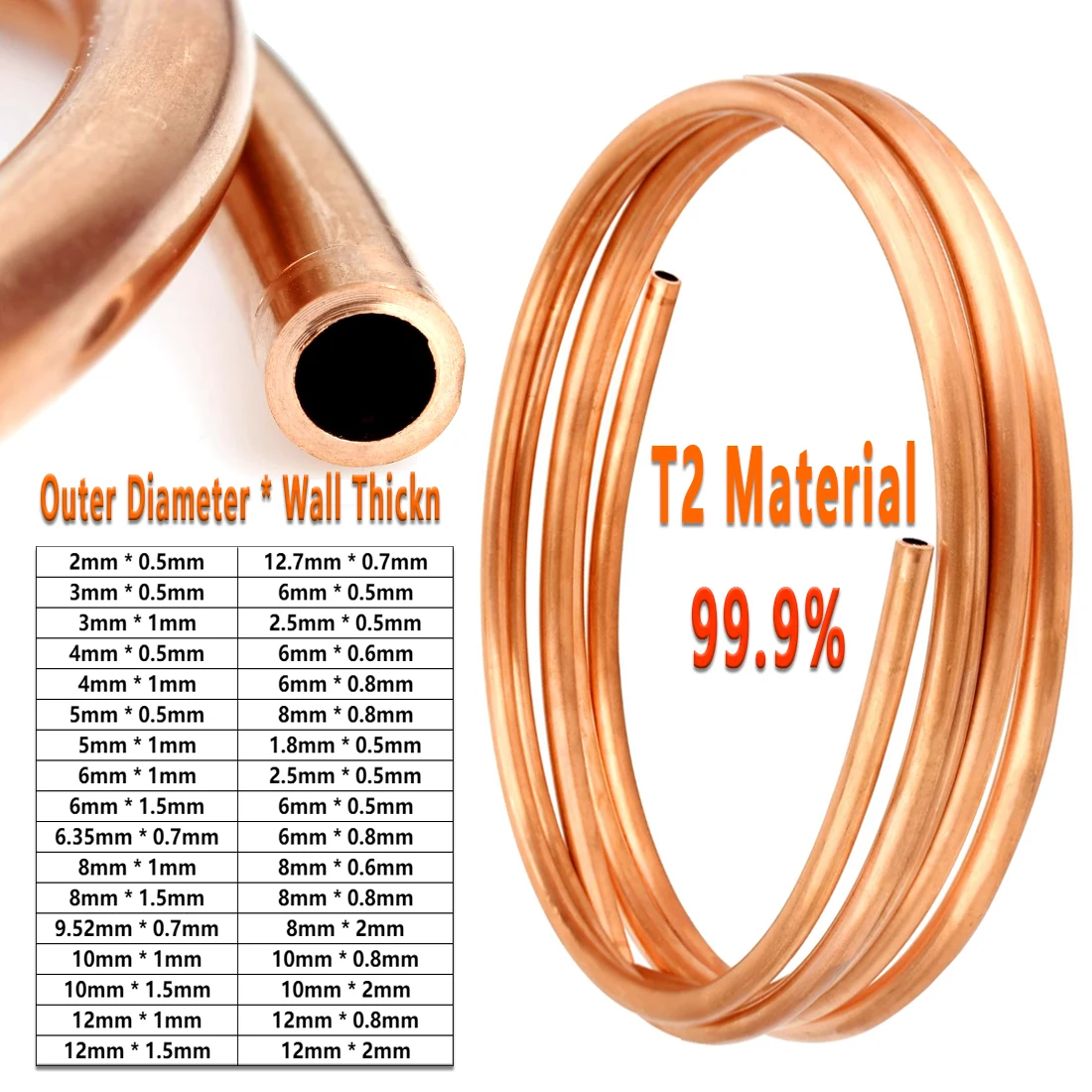 

1M OD1.6-25mm Soft Coil Copper Tube T2 Red Copper Tubing Airs Conditioning Refrigeration Capillary Wire Pipes 2/3/4/6/8/10/12