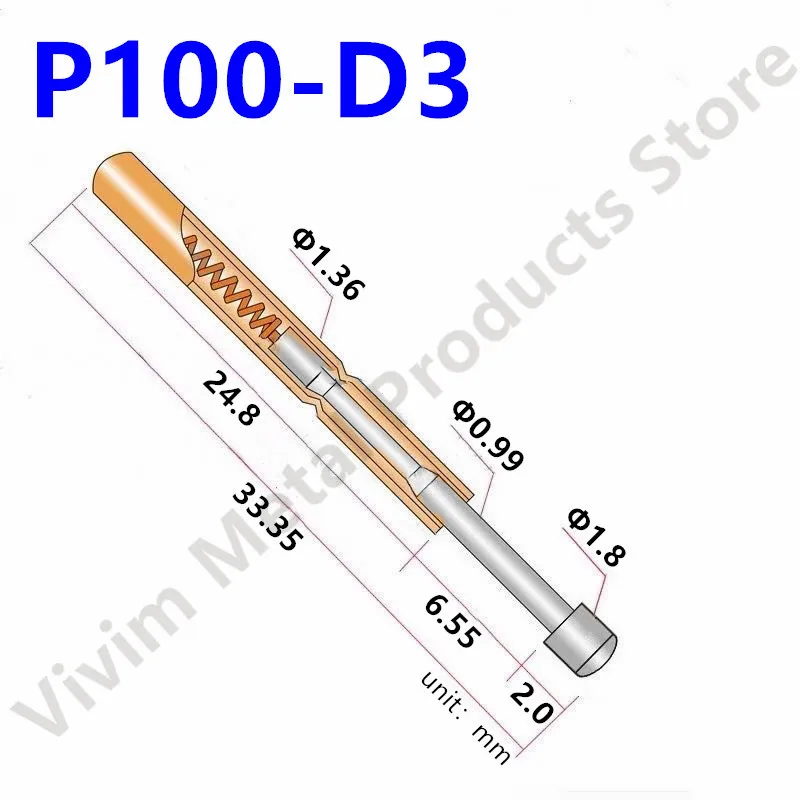 20/100PCS P100-D3 Nickel-Plated Spring Test Probe P100-D Round Head Dia 1.80mm Spring Test Pin Pogo Pin 1.36mm Length 33.35mm
