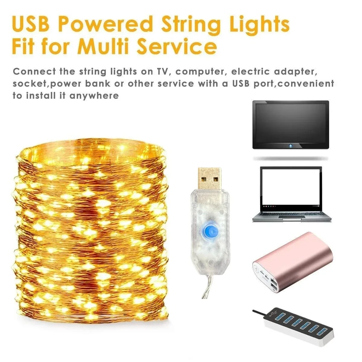 Cadena de luces de alambre de cobre, luces de hadas USB con control remoto, 8 modos, impermeable, decoración navideña, Año Nuevo, 100/200led