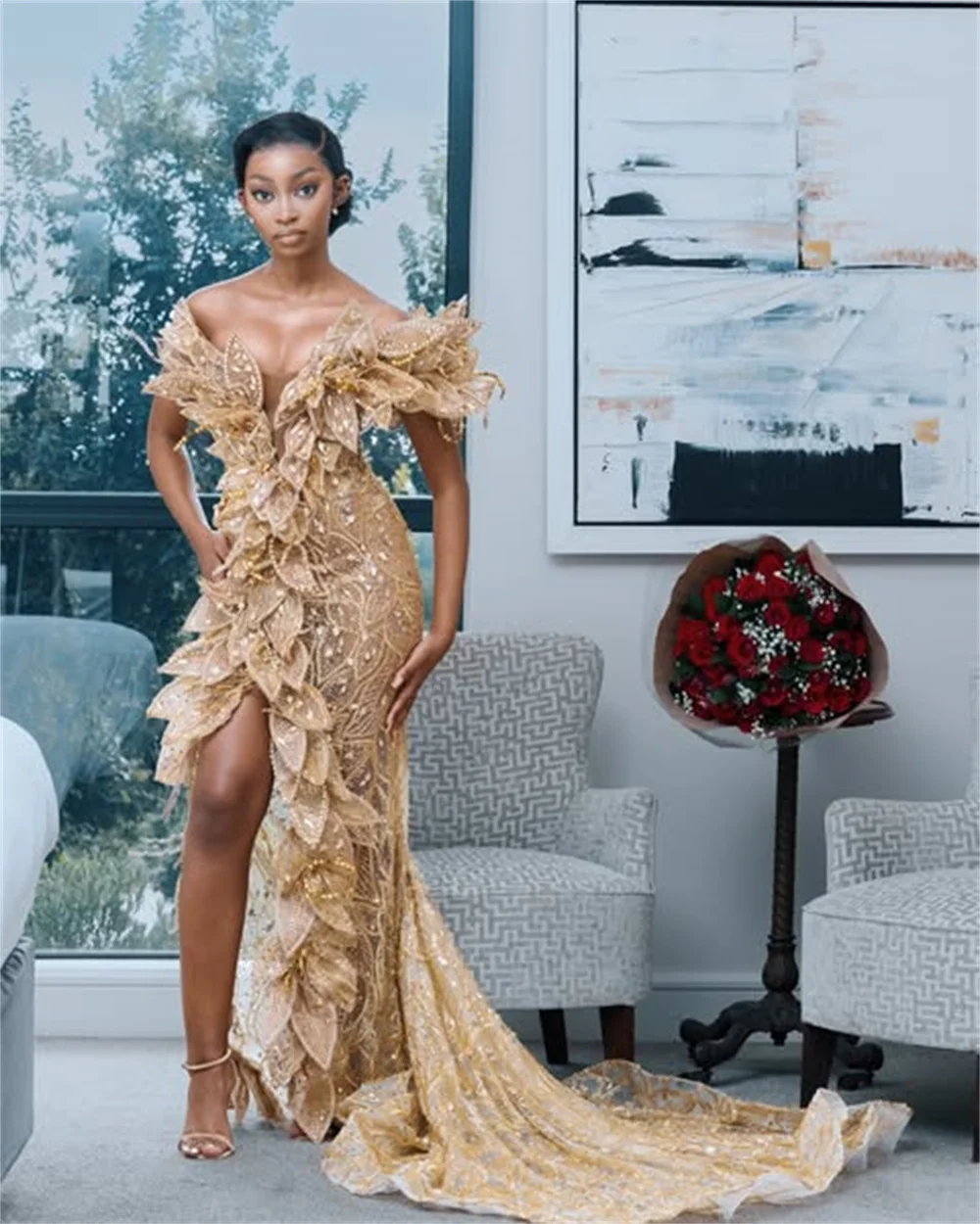 Afrikanische Champagner Perlen Abendkleider Split Side Schwarz Mädchen Cocktail Party Kleid Für Hochzeiten Angepasst Empfang Kleider