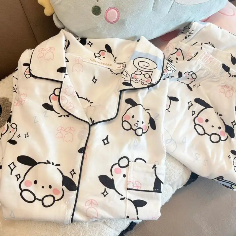 Sanrio Men's and Women's Pajamas Hello Kitty's Pochacco Cartoon Casual Lapel Long-Sleeved Home Wear Fashionable and Cute Gift