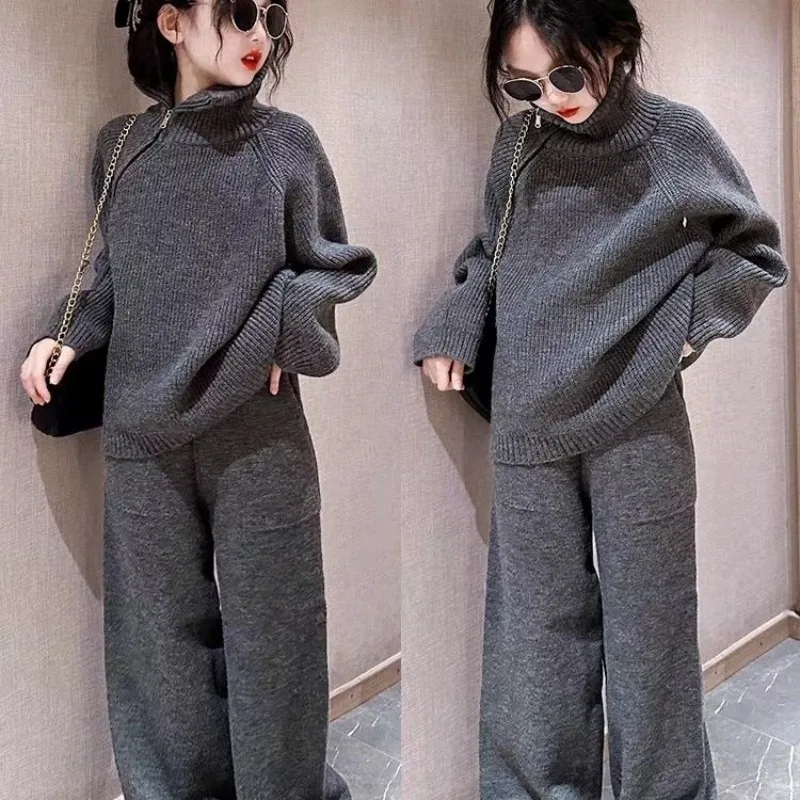 Teenage Girls' Set Spring and Autumn New Style Children's Stylish Casual Knitted Sweater Wide Leg Pants Two Piece Set