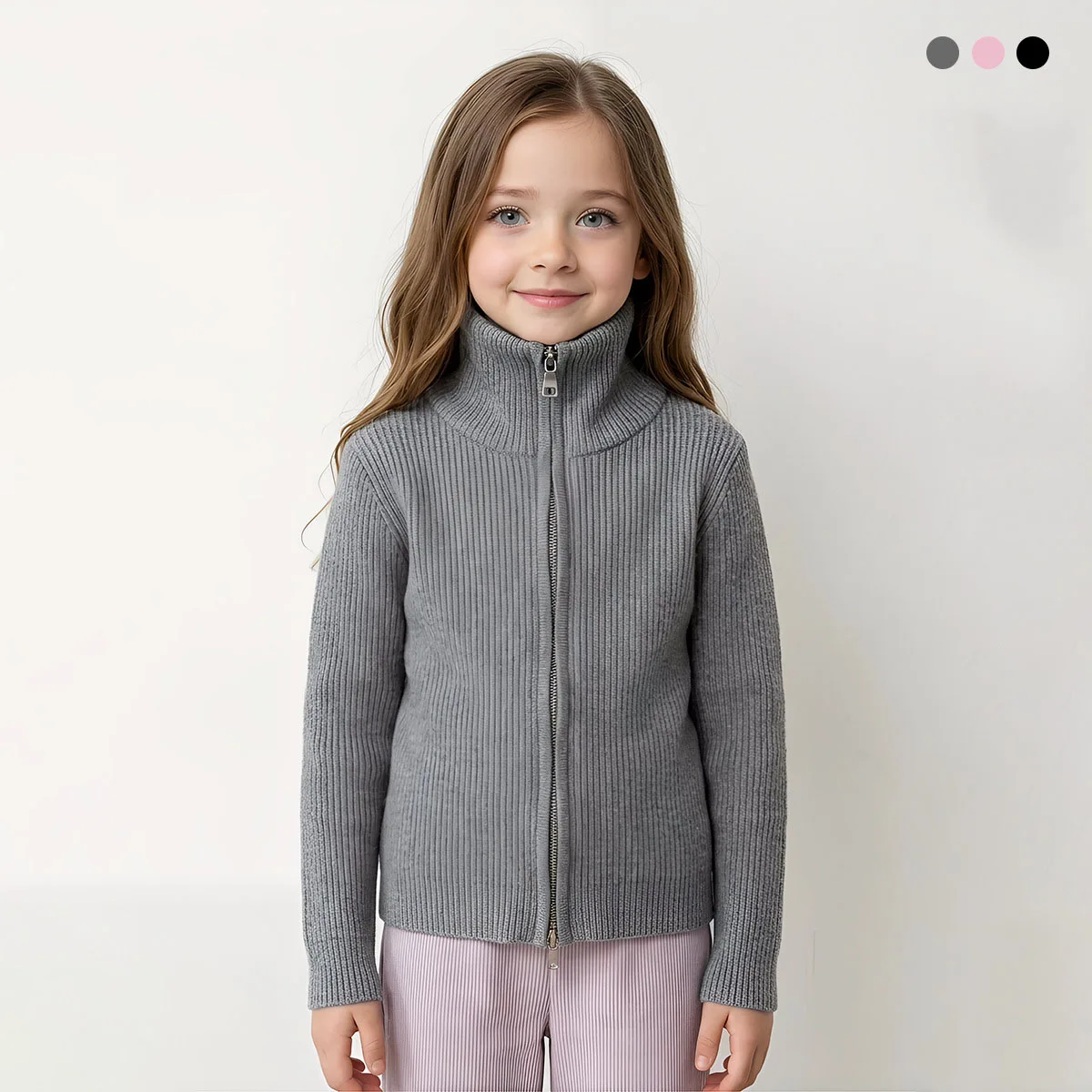 Kids High Neck Zip Up Knit Sweater Cardigan Winter Clothes Ribbed Coat Boys Girls Long Sleeve Warm Thick Knitwear Outerwear