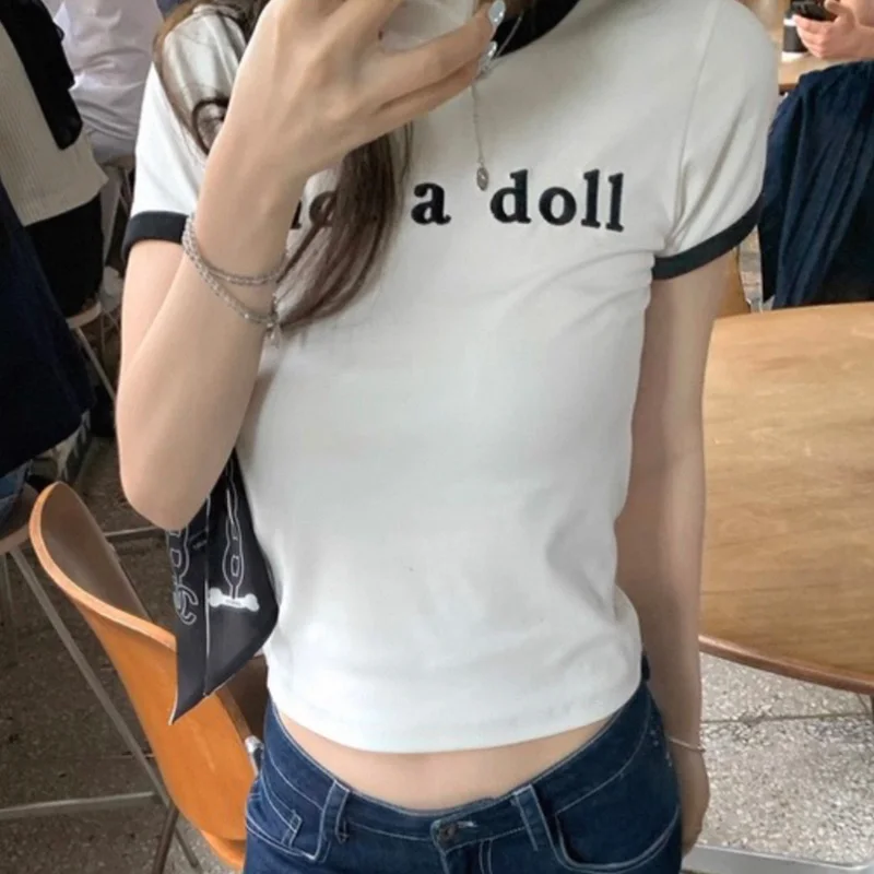 Y2k Tops Letter Print T-shirts Harajuku Female Crop Top Hot Girl Slim Short Sleeves 2000s Clothes Vintage K Pop Emo Girl Tees