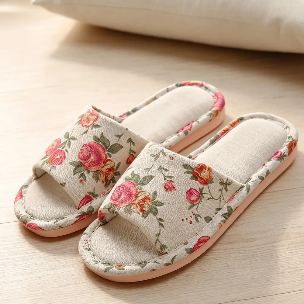 Women Floral Linen Slippers Flat Indoor Home Sandals Anti Slip Comfortable Casual Flax Slides Cute Rose Print House Shoes