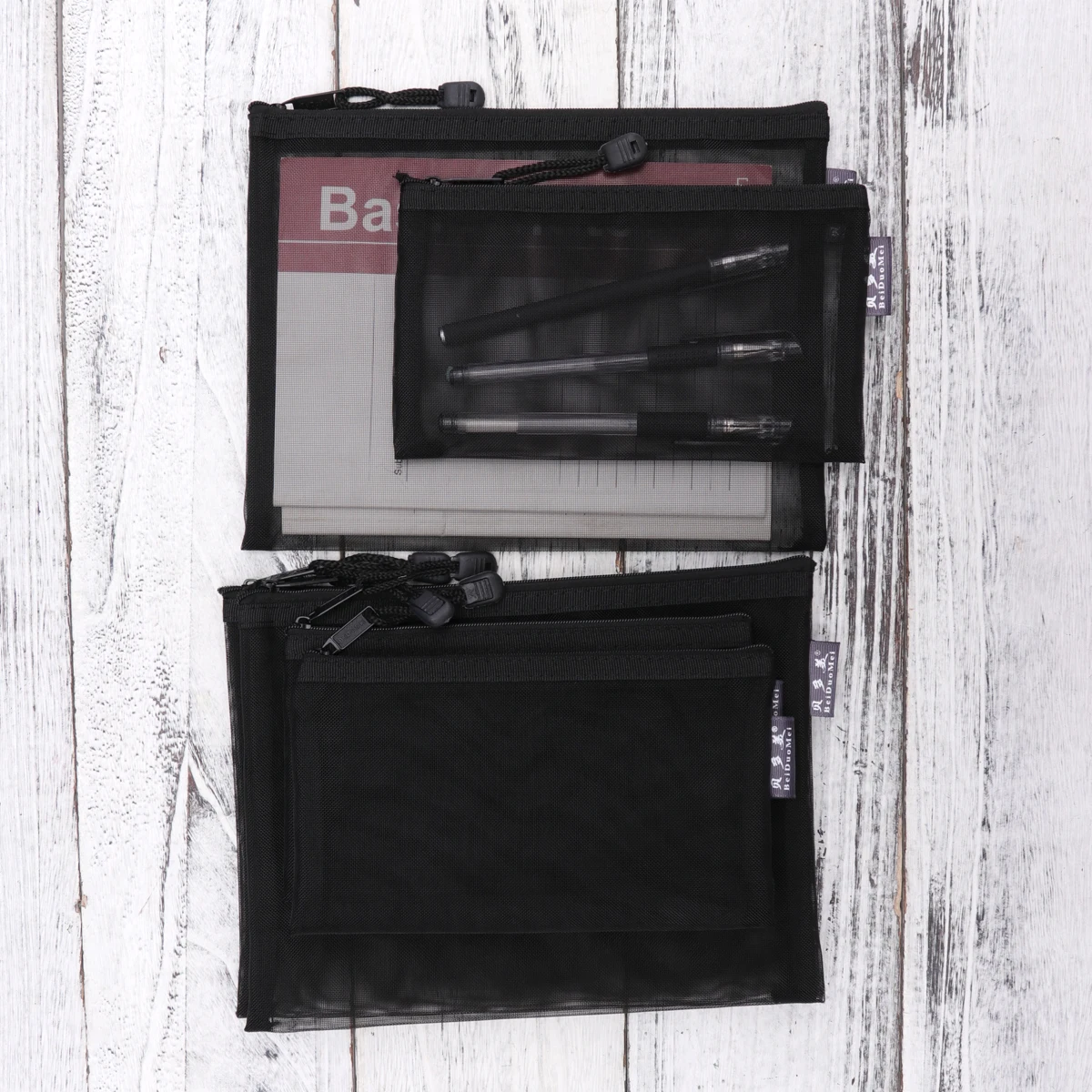 

6Pcs Black Mesh File Bag Zippered Portable Stationery Pouch for Office School Document Organizer Transparent Pencil Case