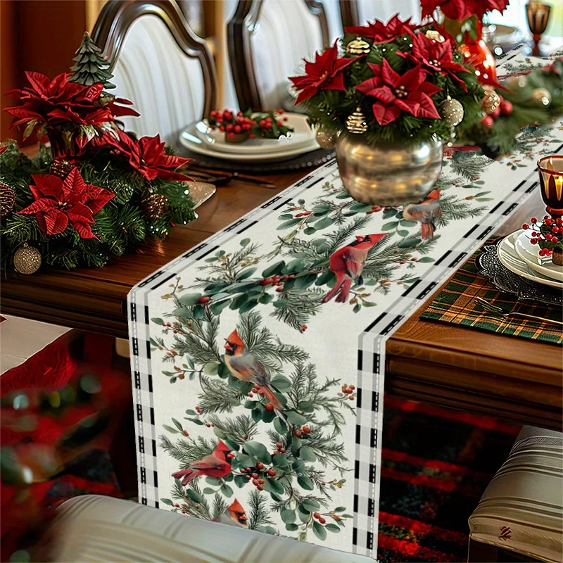 Christmas Pine Needle Berry Birds Linen Table Runner Holiday Party Decor Winter Eucalyptus Table Runners Christmas Decorations