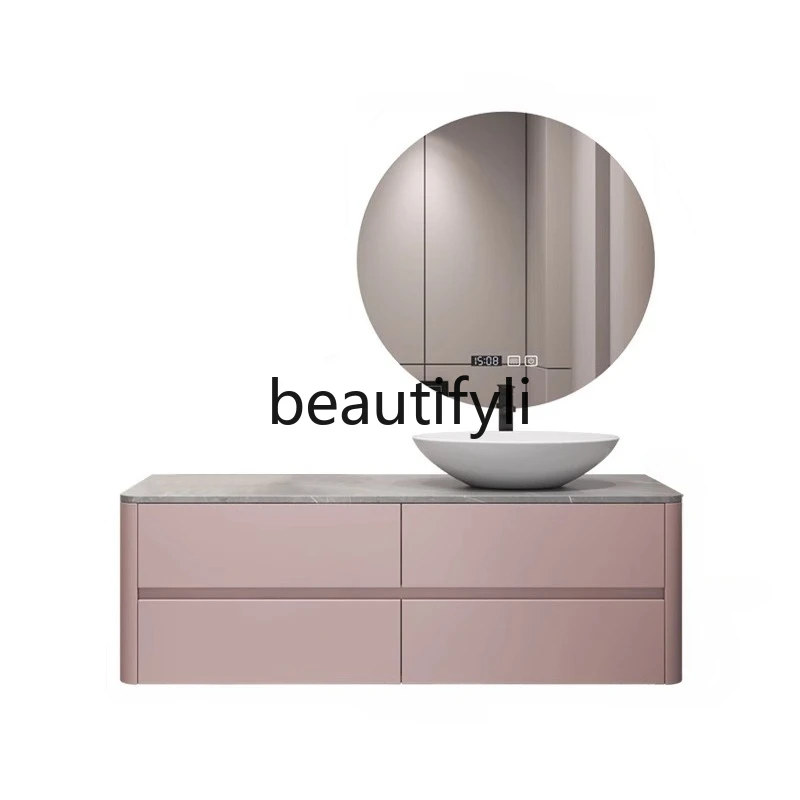 

modern simple rock slab bathroom cabinet combination solid wood smart bathroom cabinet hand wash sink washstand upper basin
